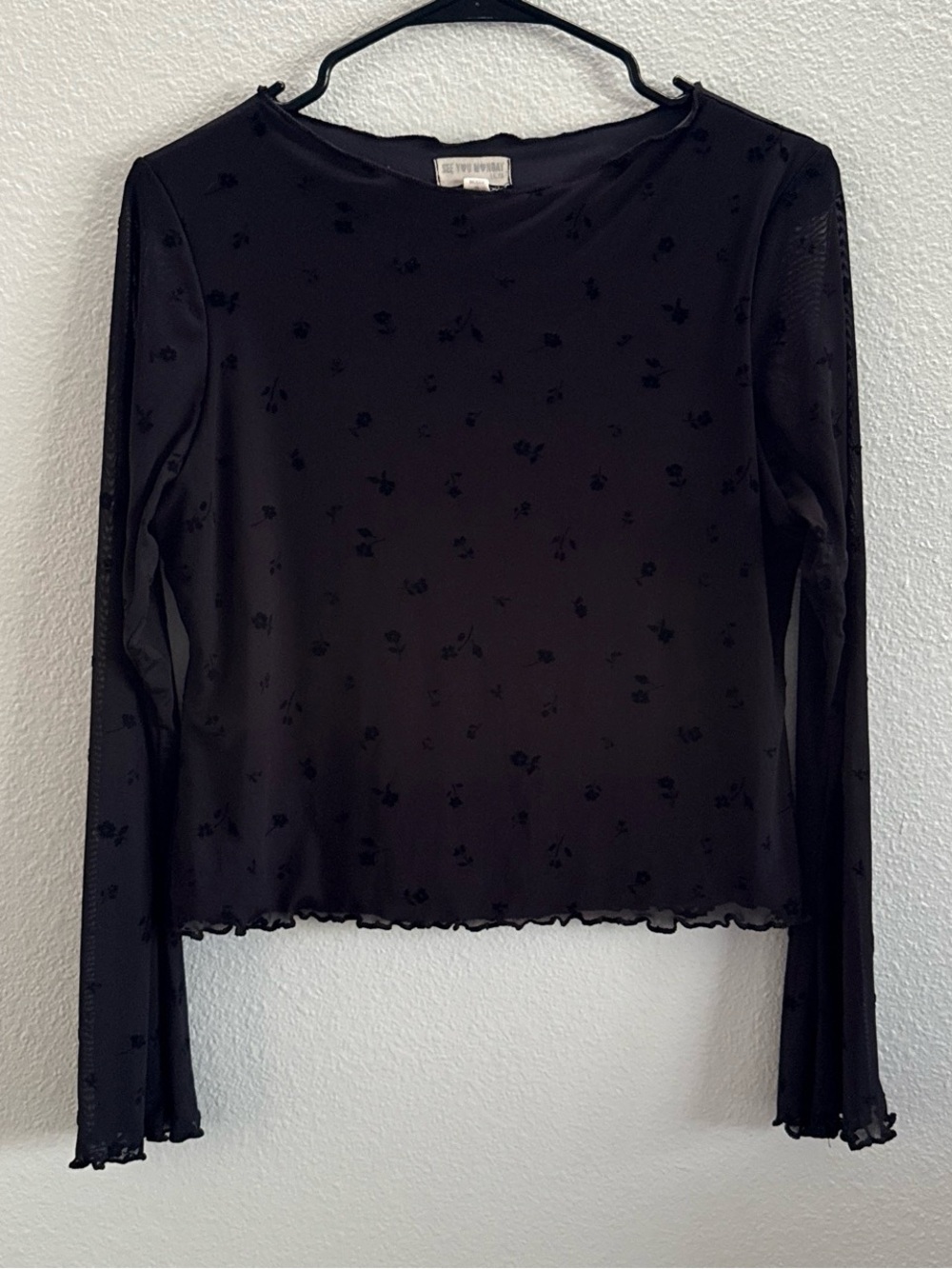 Y2K Sheer Black Mesh Floral Long Sleeve Top XL